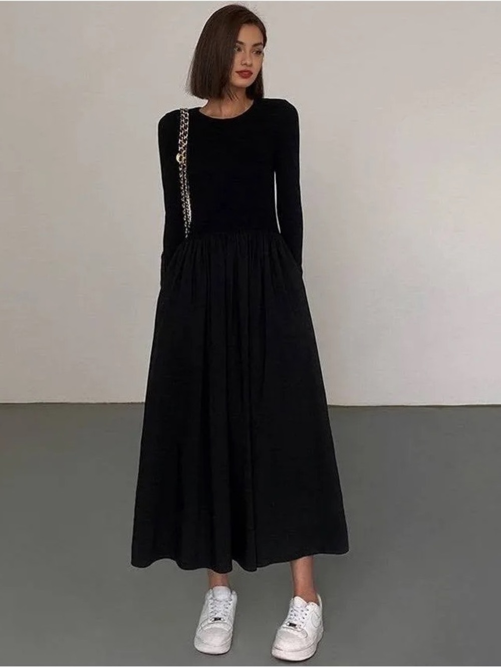 COMMENSE Elegant Black Long-Sleeve Maxi Dress BNWT